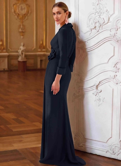 Sheath/Column V-Neck 3/4 Sleeves Sweep Train Elastic Satin Mother Of The Bride Dresses With Pleated/Flower