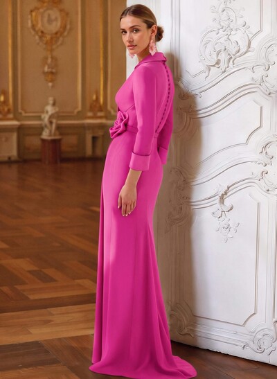 Sheath/Column V-Neck 3/4 Sleeves Sweep Train Elastic Satin Mother Of The Bride Dresses With Pleated/Flower