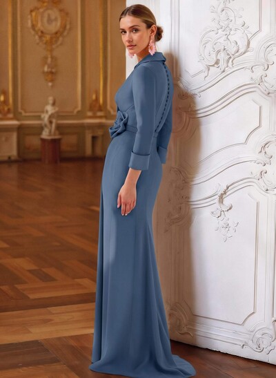 Sheath/Column V-Neck 3/4 Sleeves Sweep Train Elastic Satin Mother Of The Bride Dresses With Pleated/Flower