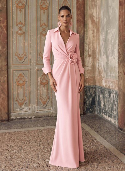 Sheath/Column V-Neck 3/4 Sleeve Stretch Satin Mother Of The Bride Dress With Sweep Train, Pleating And Flowers