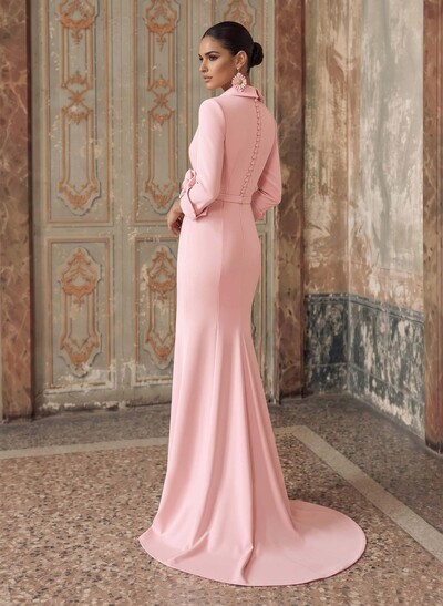 Sheath/Column V-Neck 3/4 Sleeve Stretch Satin Mother Of The Bride Dress With Sweep Train, Pleating And Flowers