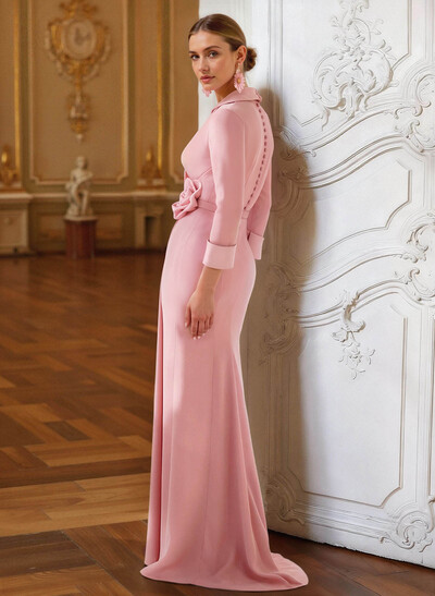 Sheath/Column V-Neck 3/4 Sleeves Sweep Train Elastic Satin Mother Of The Bride Dresses With Pleated/Flower