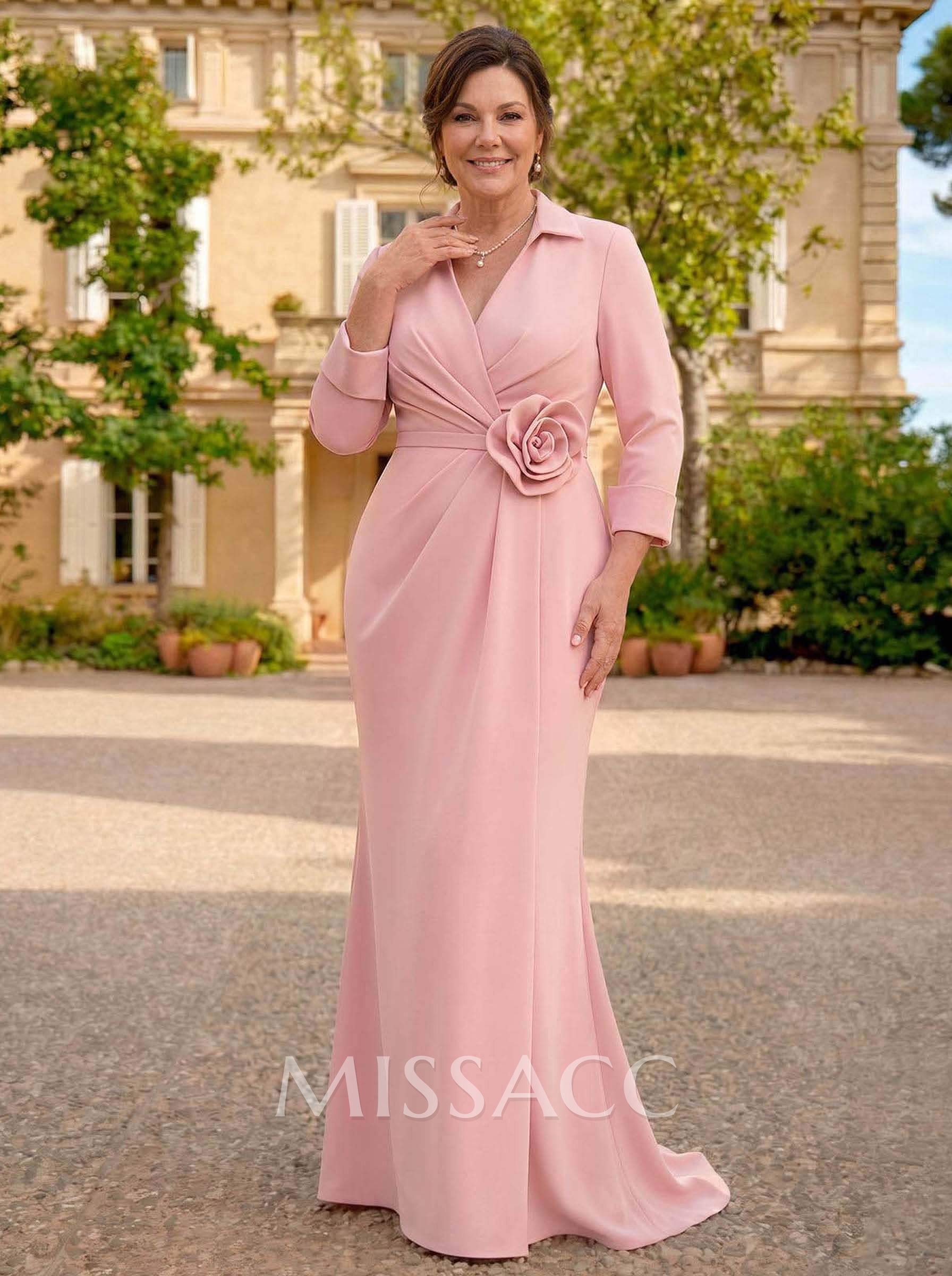 Sheath/Column V-Neck 3/4 Sleeves Sweep Train Elastic Satin Mother Of The Bride Dresses With Pleated/Flower Sheath/Column V-Neck 3/4 Sleeves Sweep Train Elastic Satin Mother Of The Bride Dresses With Pleated/Flower
