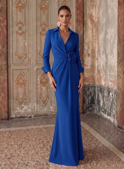 Sheath/Column V-Neck 3/4 Sleeves Sweep Train Elastic Satin Mother Of The Bride Dresses With Pleated/Flower