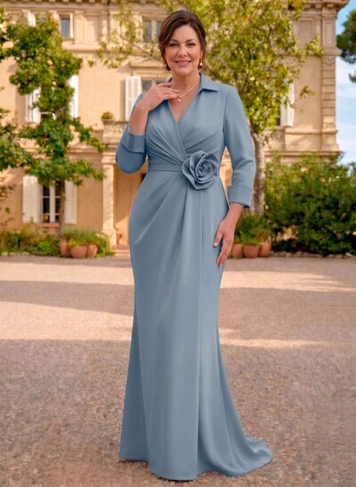Sheath/Column V-Neck 3/4 Sleeves Sweep Train Elastic Satin Mother Of The Bride Dresses With Pleated/Flower