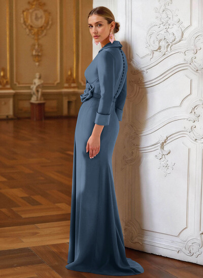 Sheath/Column V-Neck 3/4 Sleeves Sweep Train Elastic Satin Mother Of The Bride Dresses With Pleated/Flower