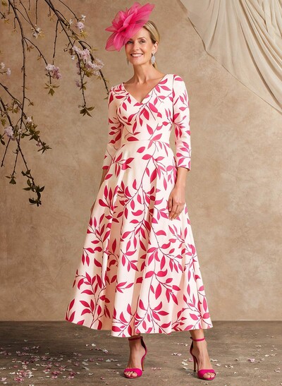 A-Line V-Neck 3/4 Sleeves Ankle-Length Satin Mother Of The Bride Dresses