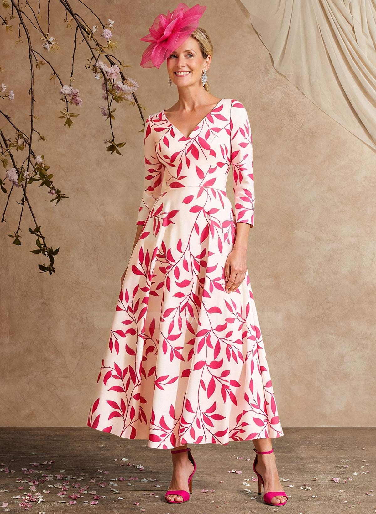 A-Line V-Neck 3/4 Sleeves Ankle-Length Satin Mother Of The Bride Dresses