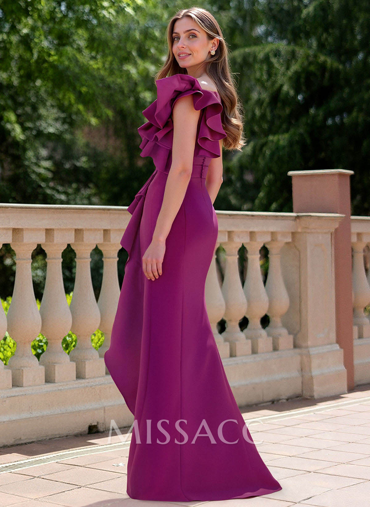 Trumpet/Mermaid V-Neck Sleeveless Sweep Train Elastic Satin Mother Of The Bride Dresses With Cascading Ruffles/Shoulder Ruffle