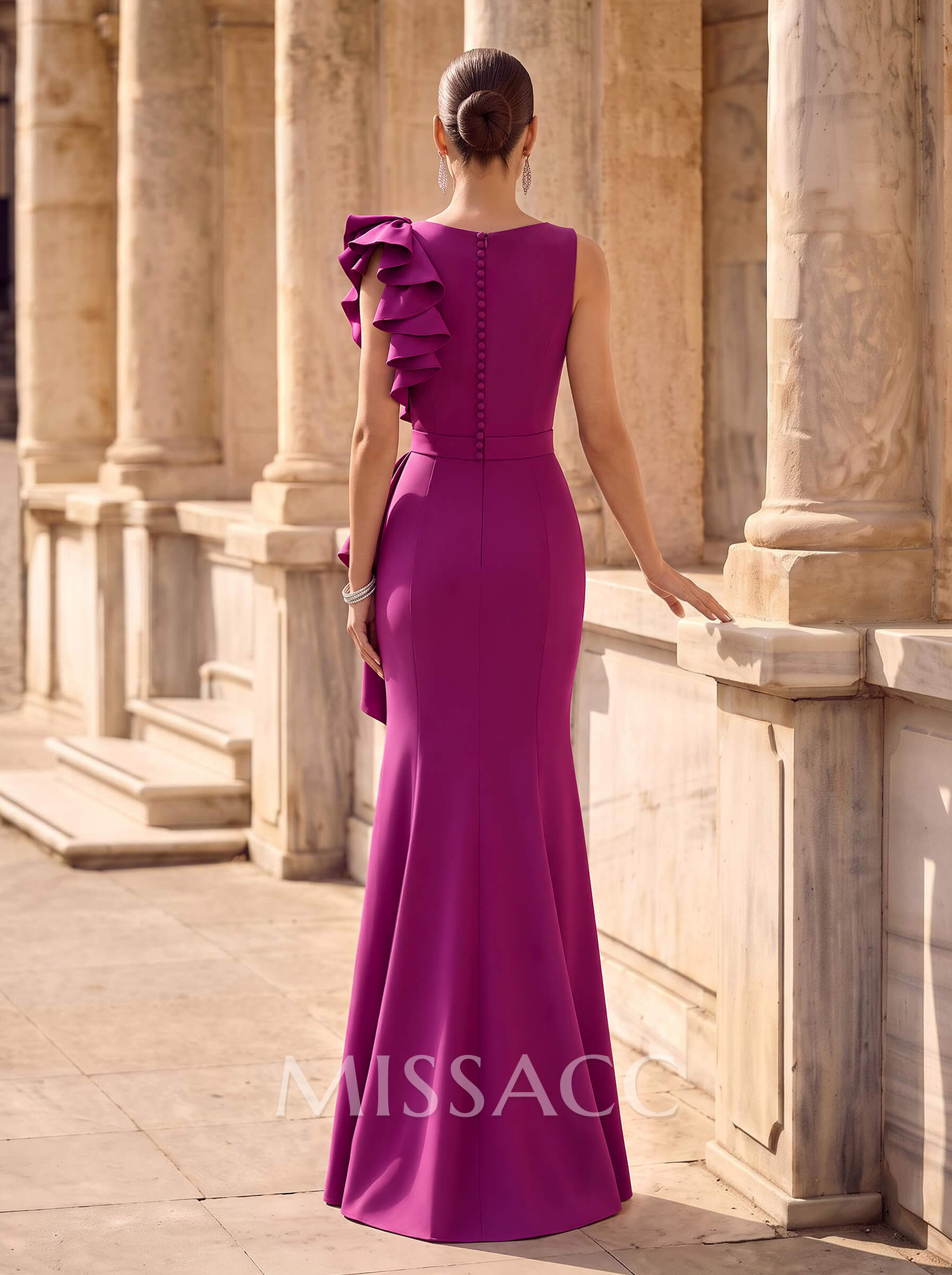Trumpet/Mermaid V-Neck Sleeveless Sweep Train Elastic Satin Mother Of The Bride Dresses With Cascading Ruffles/Shoulder Ruffle