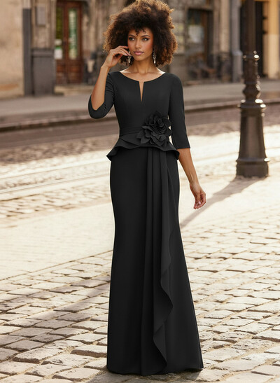 Trumpet/Mermaid 3/4 Sleeves Floor-Length Elastic Satin Mother Of The Bride Dresses With Ruffle/Cascading Ruffles/Flower(s)