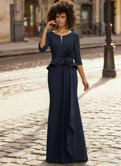 Trumpet/Mermaid 3/4 Sleeves Floor-Length Elastic Satin Mother Of The Bride Dresses With Ruffle/Cascading Ruffles/Flower(s)