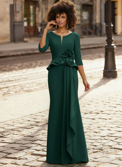 Trumpet/Mermaid 3/4 Sleeves Floor-Length Elastic Satin Mother Of The Bride Dresses With Ruffle/Cascading Ruffles/Flower(s)