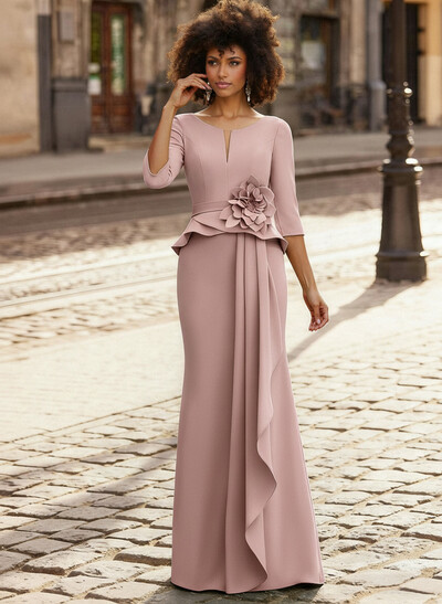 Trumpet/Mermaid 3/4 Sleeves Floor-Length Elastic Satin Mother Of The Bride Dresses With Ruffle/Cascading Ruffles/Flower(s)