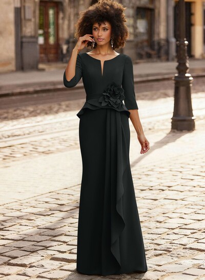 Trumpet/Mermaid 3/4 Sleeves Floor-Length Elastic Satin Mother Of The Bride Dresses With Ruffle/Cascading Ruffles/Flower(s)