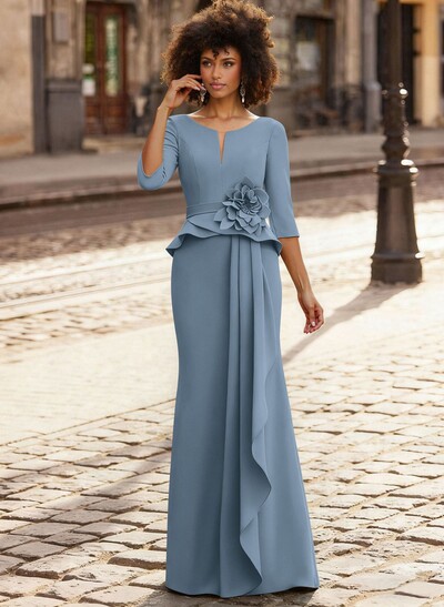 Trumpet/Mermaid 3/4 Sleeves Floor-Length Elastic Satin Mother Of The Bride Dresses With Ruffle/Cascading Ruffles/Flower(s)