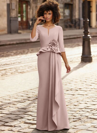 Trumpet/Mermaid 3/4 Sleeves Floor-Length Elastic Satin Mother Of The Bride Dresses With Ruffle/Cascading Ruffles/Flower(s)