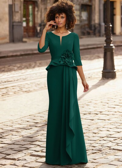 Trumpet/Mermaid 3/4 Sleeves Floor-Length Elastic Satin Mother Of The Bride Dresses With Ruffle/Cascading Ruffles/Flower(s)
