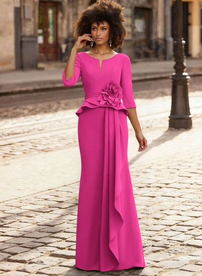 Trumpet/Mermaid 3/4 Sleeves Floor-Length Elastic Satin Mother Of The Bride Dresses With Ruffle/Cascading Ruffles/Flower(s)