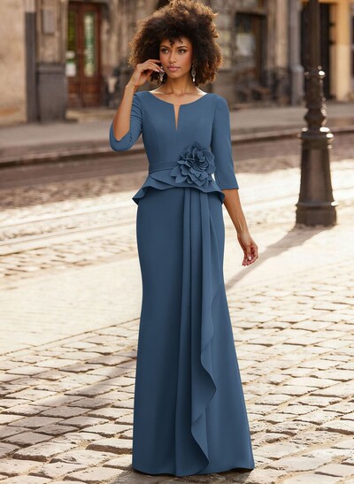 Trumpet/Mermaid 3/4 Sleeves Floor-Length Elastic Satin Mother Of The Bride Dresses With Ruffle/Cascading Ruffles/Flower(s)