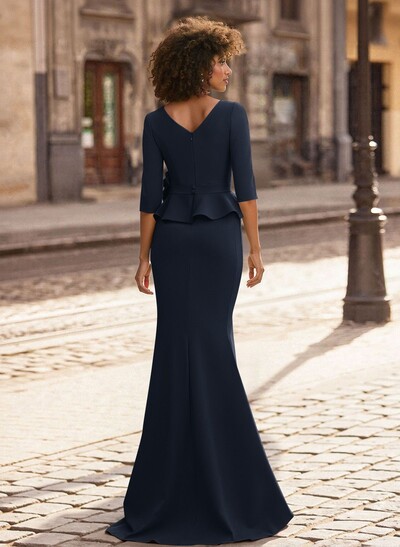 Trumpet/Mermaid 3/4 Sleeves Floor-Length Elastic Satin Mother Of The Bride Dresses With Ruffle/Cascading Ruffles/Flower(s)