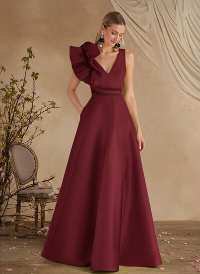 A-Line V-Neck Sleeveless Floor-Length Lace Satin Mother Of The Bride Dresses With Shoulder Ruffle