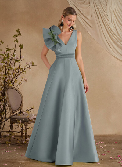 A-Line V-Neck Sleeveless Floor-Length Lace Satin Mother Of The Bride Dresses With Shoulder Ruffle