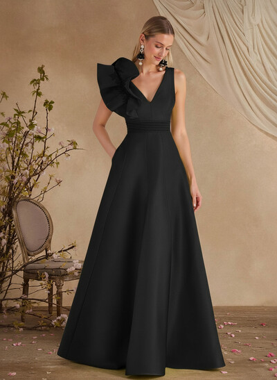 A-Line V-Neck Sleeveless Floor-Length Lace Satin Mother Of The Bride Dresses With Shoulder Ruffle