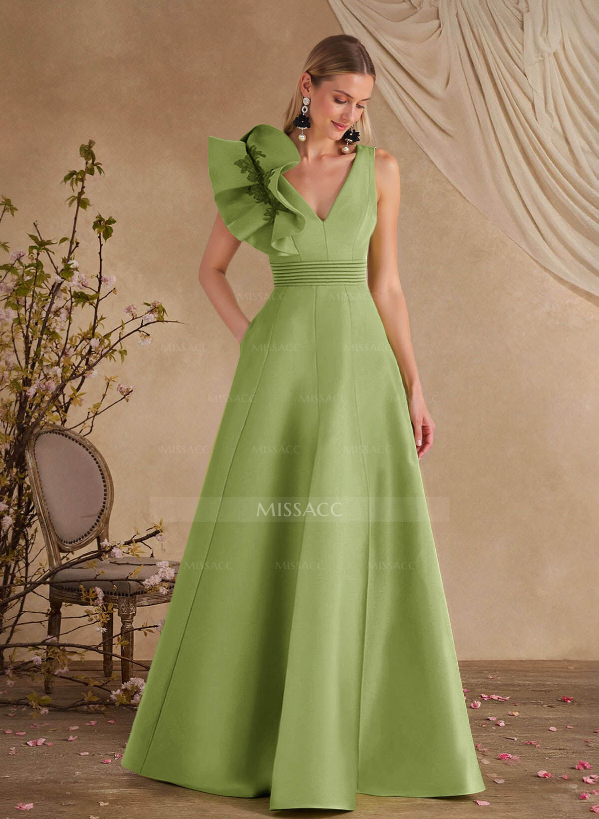 A-Line V-Neck Sleeveless Floor-Length Lace Satin Mother Of The Bride Dresses With Shoulder Ruffle