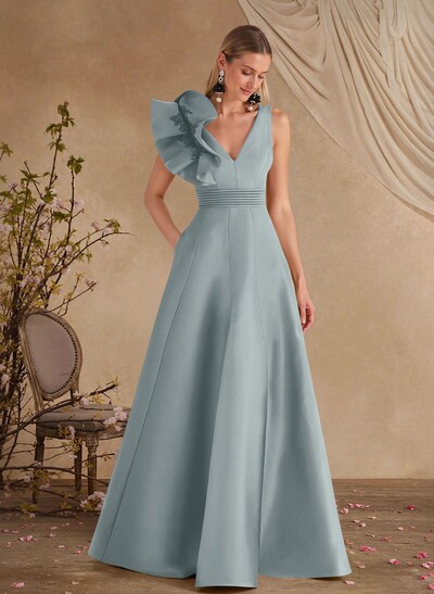 A-Line V-Neck Sleeveless Floor-Length Lace Satin Mother Of The Bride Dresses With Shoulder Ruffle