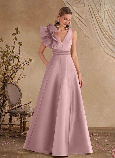 A-Line V-Neck Sleeveless Floor-Length Lace Satin Mother Of The Bride Dresses With Shoulder Ruffle