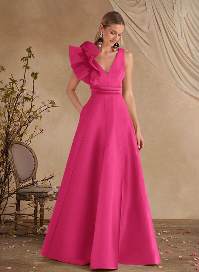 A-Line V-Neck Sleeveless Floor-Length Lace Satin Mother Of The Bride Dresses With Shoulder Ruffle