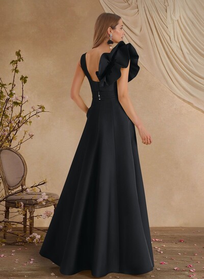 A-Line V-Neck Sleeveless Floor-Length Lace Satin Mother Of The Bride Dresses With Shoulder Ruffle