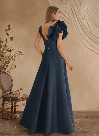 A-Line V-Neck Sleeveless Floor-Length Lace Satin Mother Of The Bride Dresses With Shoulder Ruffle