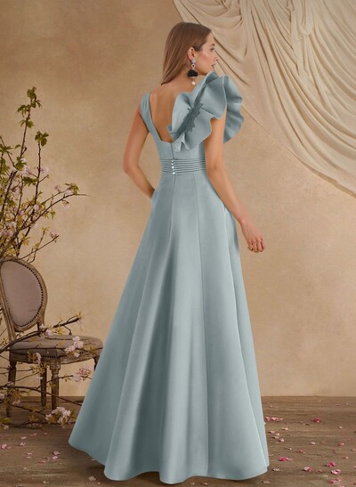 A-Line V-Neck Sleeveless Floor-Length Lace Satin Mother Of The Bride Dresses With Shoulder Ruffle