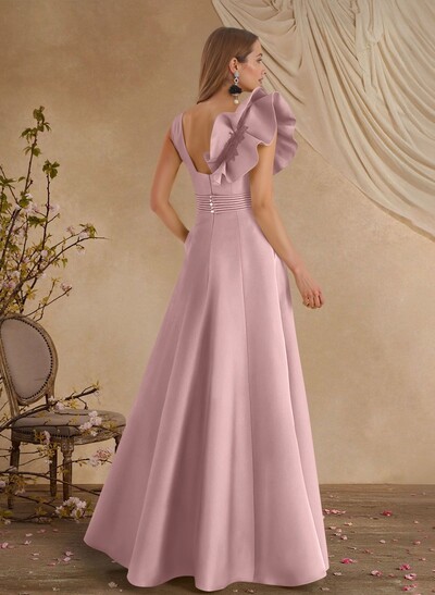 A-Line V-Neck Sleeveless Floor-Length Lace Satin Mother Of The Bride Dresses With Shoulder Ruffle