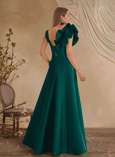 A-Line V-Neck Sleeveless Floor-Length Lace Satin Mother Of The Bride Dresses With Shoulder Ruffle