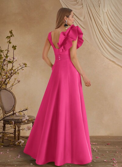 A-Line V-Neck Sleeveless Floor-Length Lace Satin Mother Of The Bride Dresses With Shoulder Ruffle