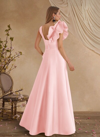 A-Line V-Neck Sleeveless Floor-Length Lace Satin Mother Of The Bride Dresses With Shoulder Ruffle