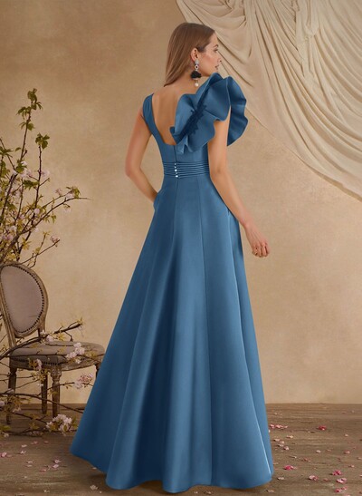 A-Line V-Neck Sleeveless Floor-Length Lace Satin Mother Of The Bride Dresses With Shoulder Ruffle