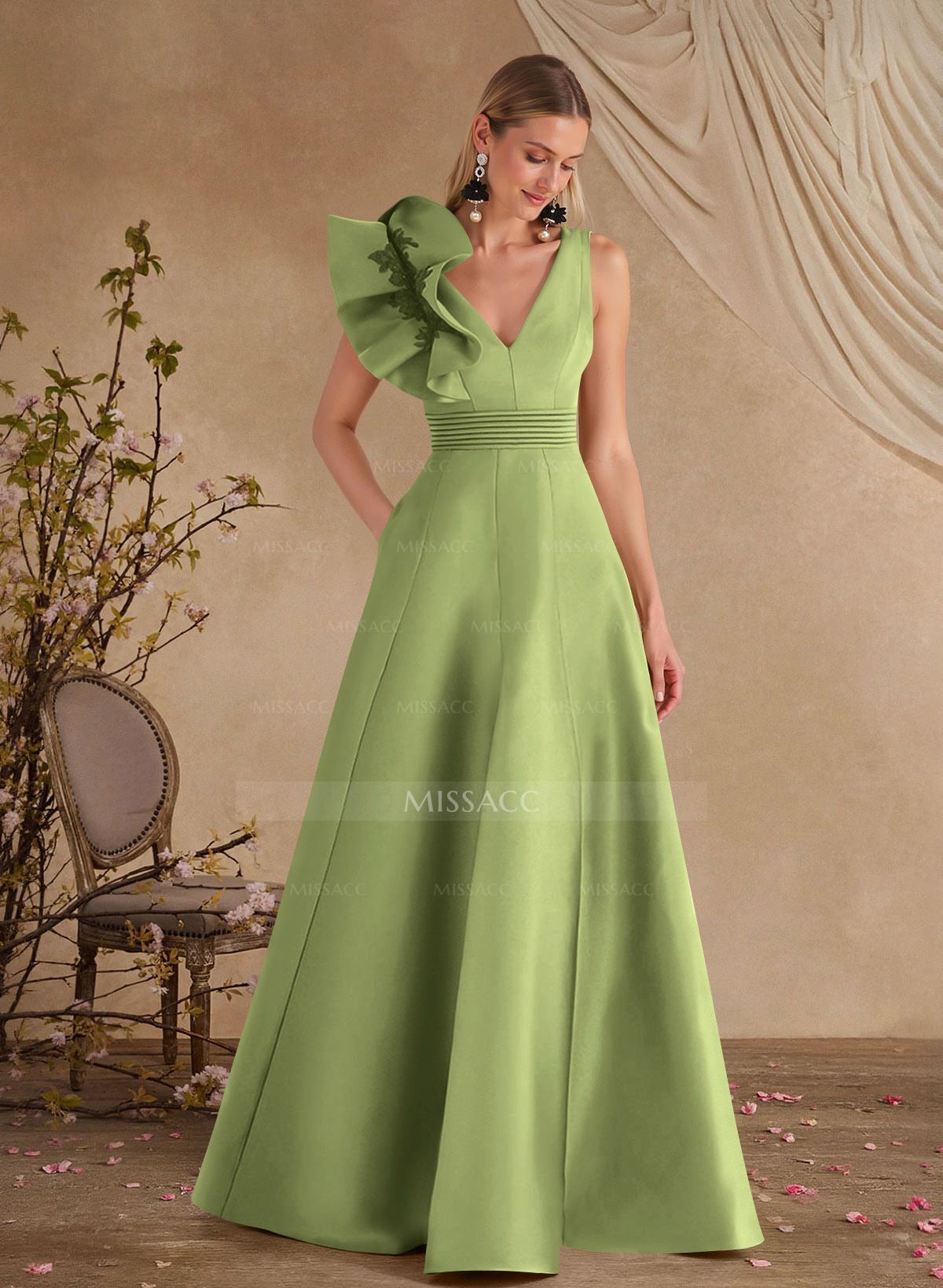 A-Line V-Neck Sleeveless Floor-Length Lace Satin Mother Of The Bride Dresses With Shoulder Ruffle