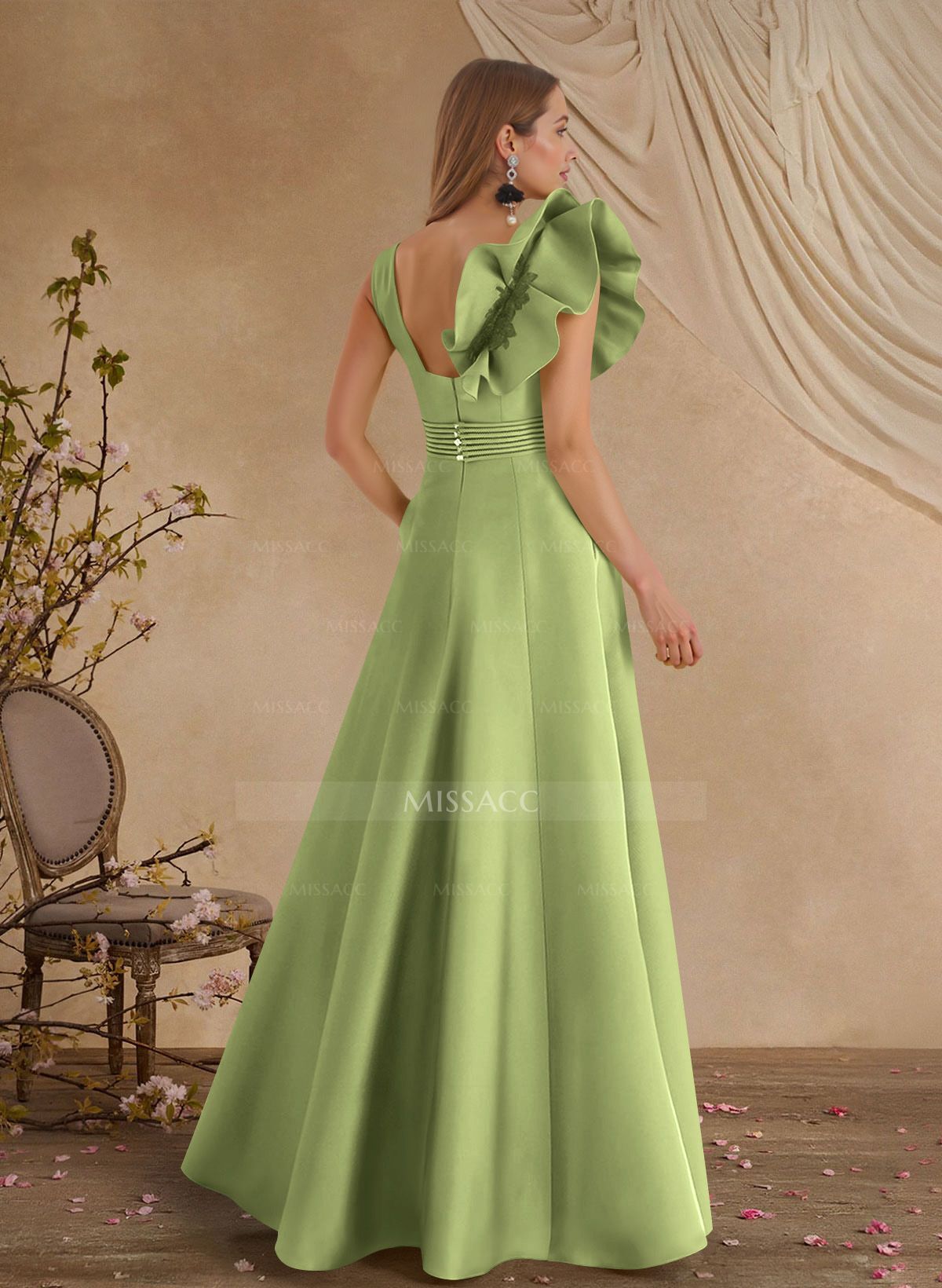 A-Line V-Neck Sleeveless Floor-Length Lace Satin Mother Of The Bride Dresses With Shoulder Ruffle