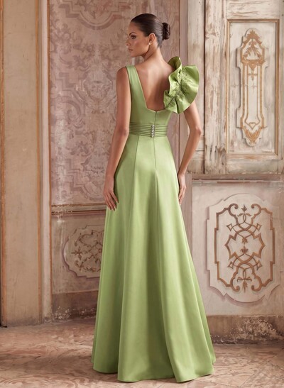A-Line V-Neck Sleeveless Floor-Length Lace Satin Mother Of The Bride Dresses With Shoulder Ruffle