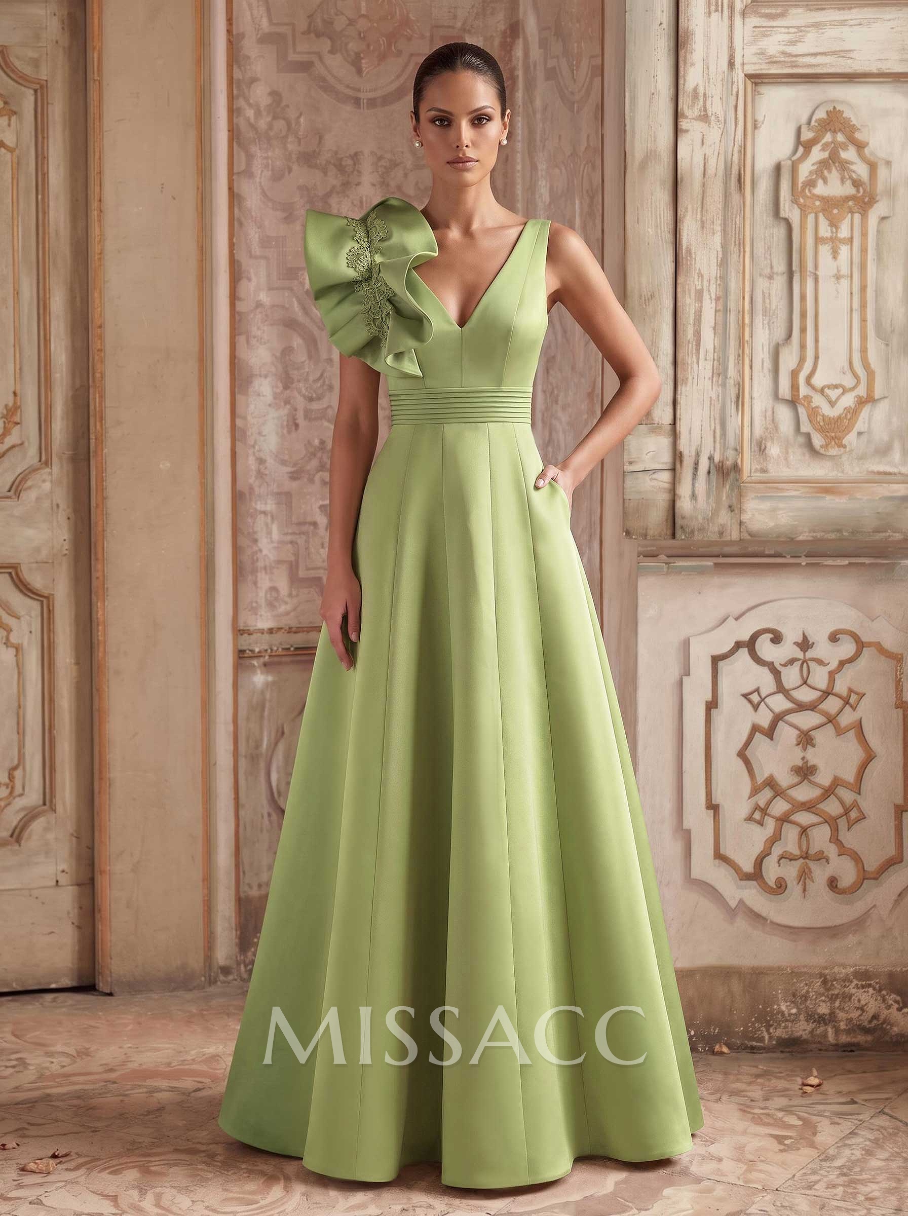A-Line V-Neck Sleeveless Floor-Length Lace Satin Mother Of The Bride Dresses With Shoulder Ruffle