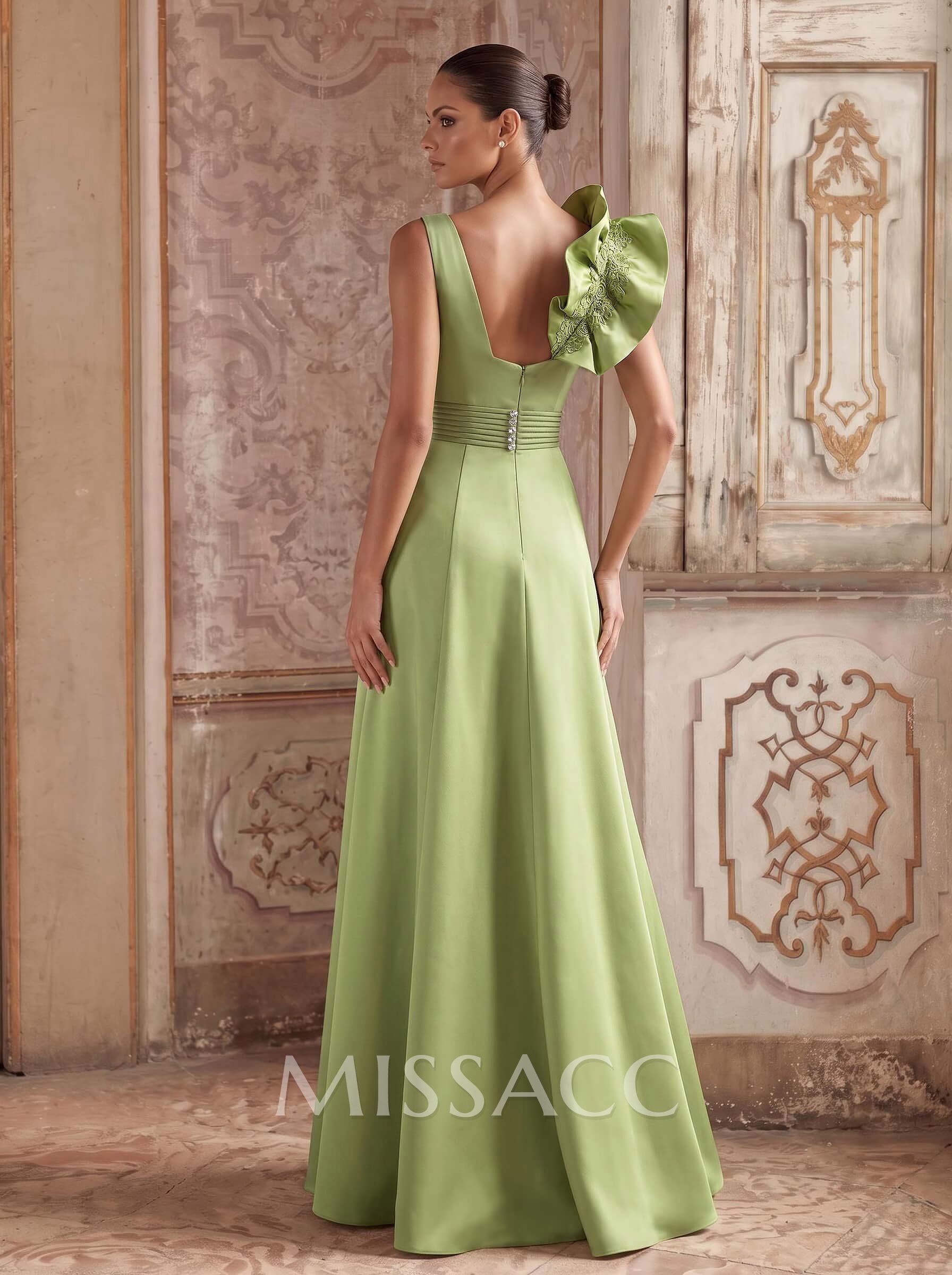 A-Line V-Neck Sleeveless Floor-Length Lace Satin Mother Of The Bride Dresses With Shoulder Ruffle