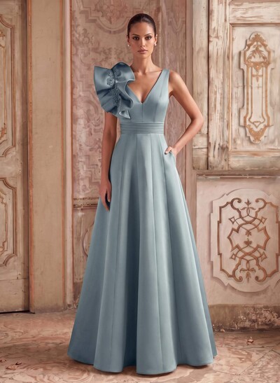 A-Line V-Neck Sleeveless Floor-Length Lace/Twill Satin Mother Of The Bride Dresses With Shoulder Ruffle