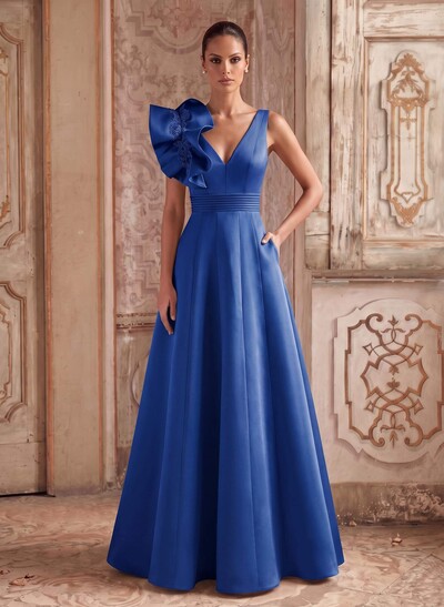 A-Line V-Neck Sleeveless Floor-Length Lace/Twill Satin Mother Of The Bride Dress With Shoulder Ruffles