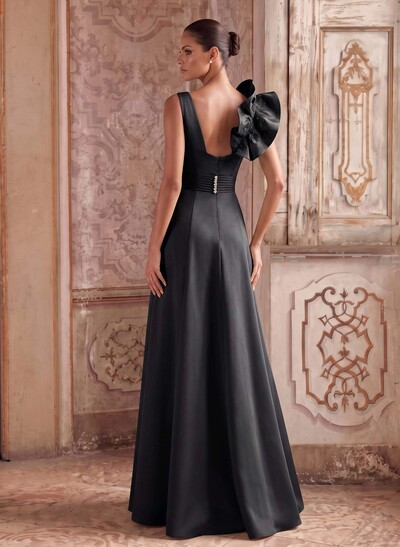A-Line V-Neck Sleeveless Floor-Length Lace/Twill Satin Mother Of The Bride Dress With Shoulder Ruffles