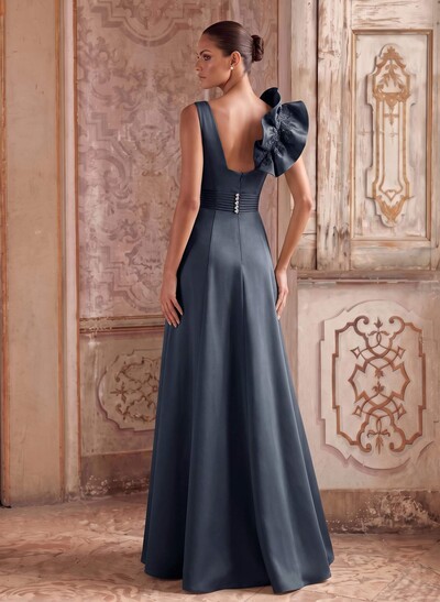 A-Line V-Neck Sleeveless Floor-Length Lace/Twill Satin Mother Of The Bride Dress With Shoulder Ruffles