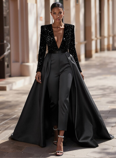 Jumpsuit/Pantsuit Plunge Neck Long Sleeves Detachable Satin/Velvet Sequin Mother Of The Bride Dresses With Sequins